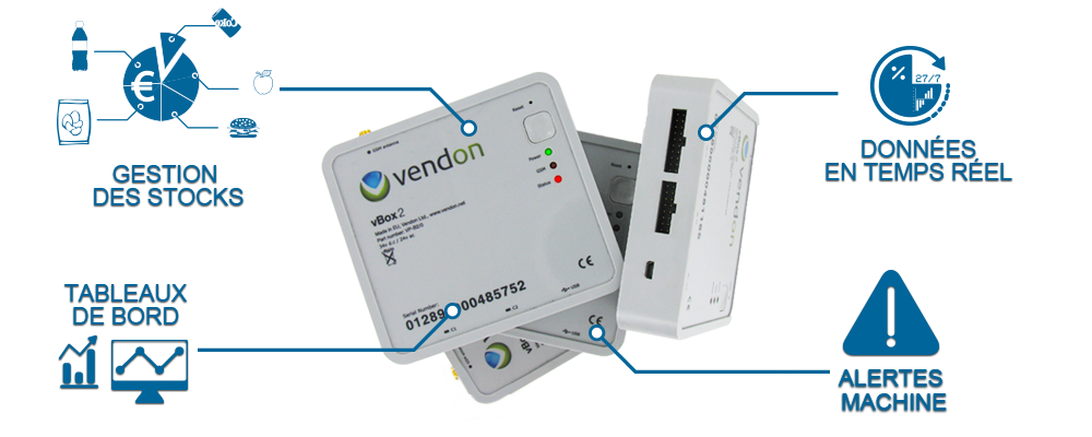 Mise en évidence des informations que la box télémétrie pour la distribution automatique de vendon transmet au logiciel, la gestion des stocks, la transmission des données en temps réel sous forme de tableau de bord et les alertes machines